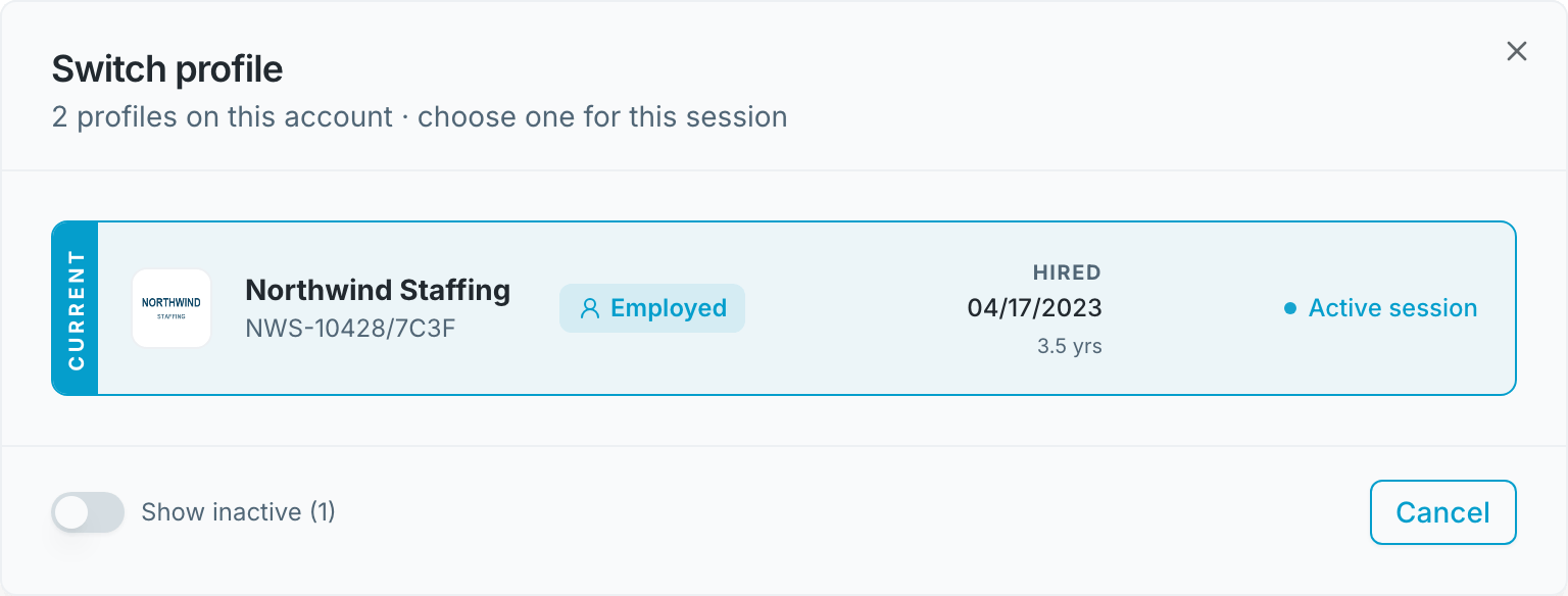 The Switch profile window: the current profile marked CURRENT and Active session, with a Show inactive switch and a Cancel button below it.