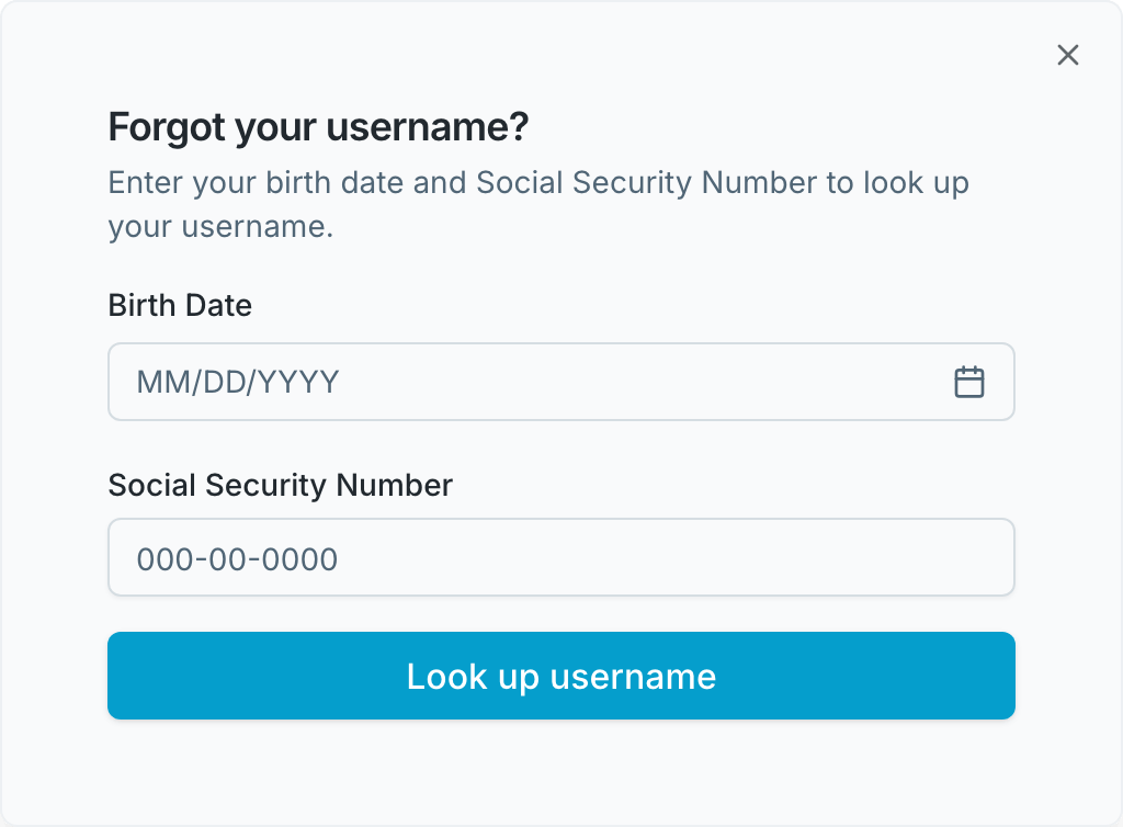 The Forgot your username? dialog: a Birth Date field, a Social Security Number field, and the Look up username button.