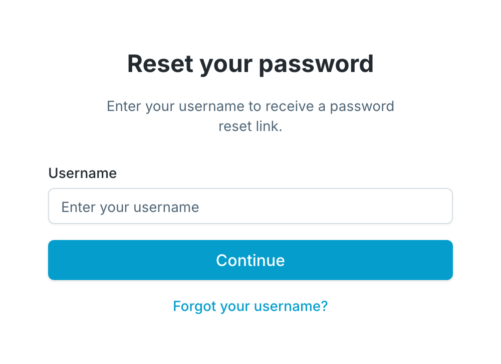 The Reset your password card: a Username field, the Continue button, and a Forgot your username? link beneath it.