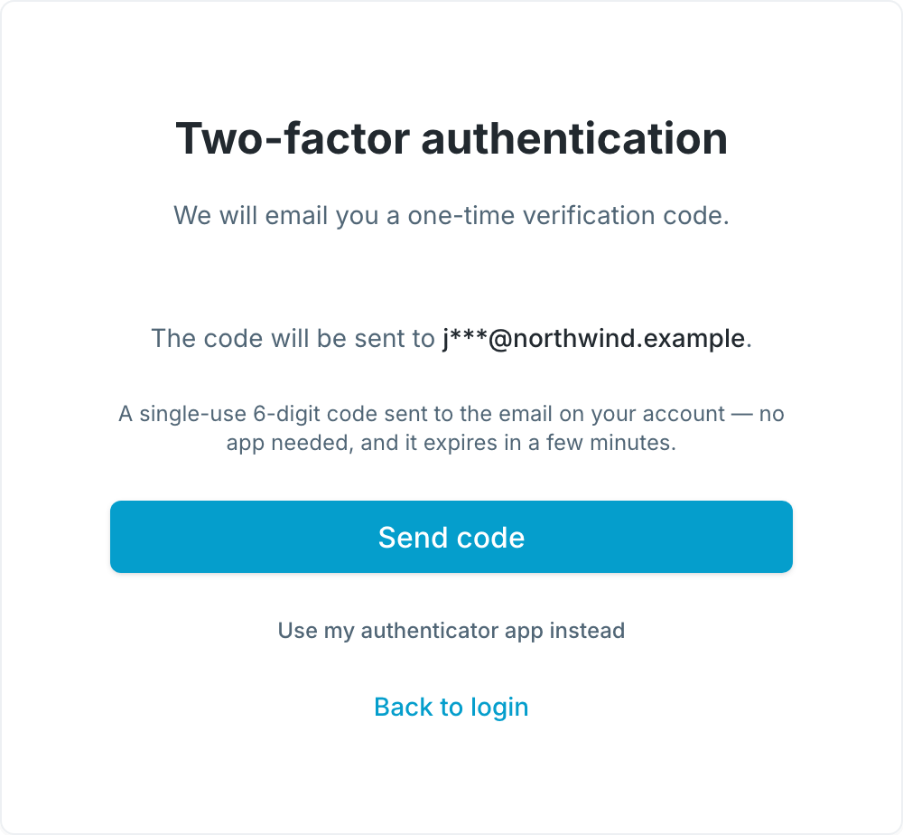 The two-factor screen before a code is sent: the masked address the code will go to, and a Send code button.