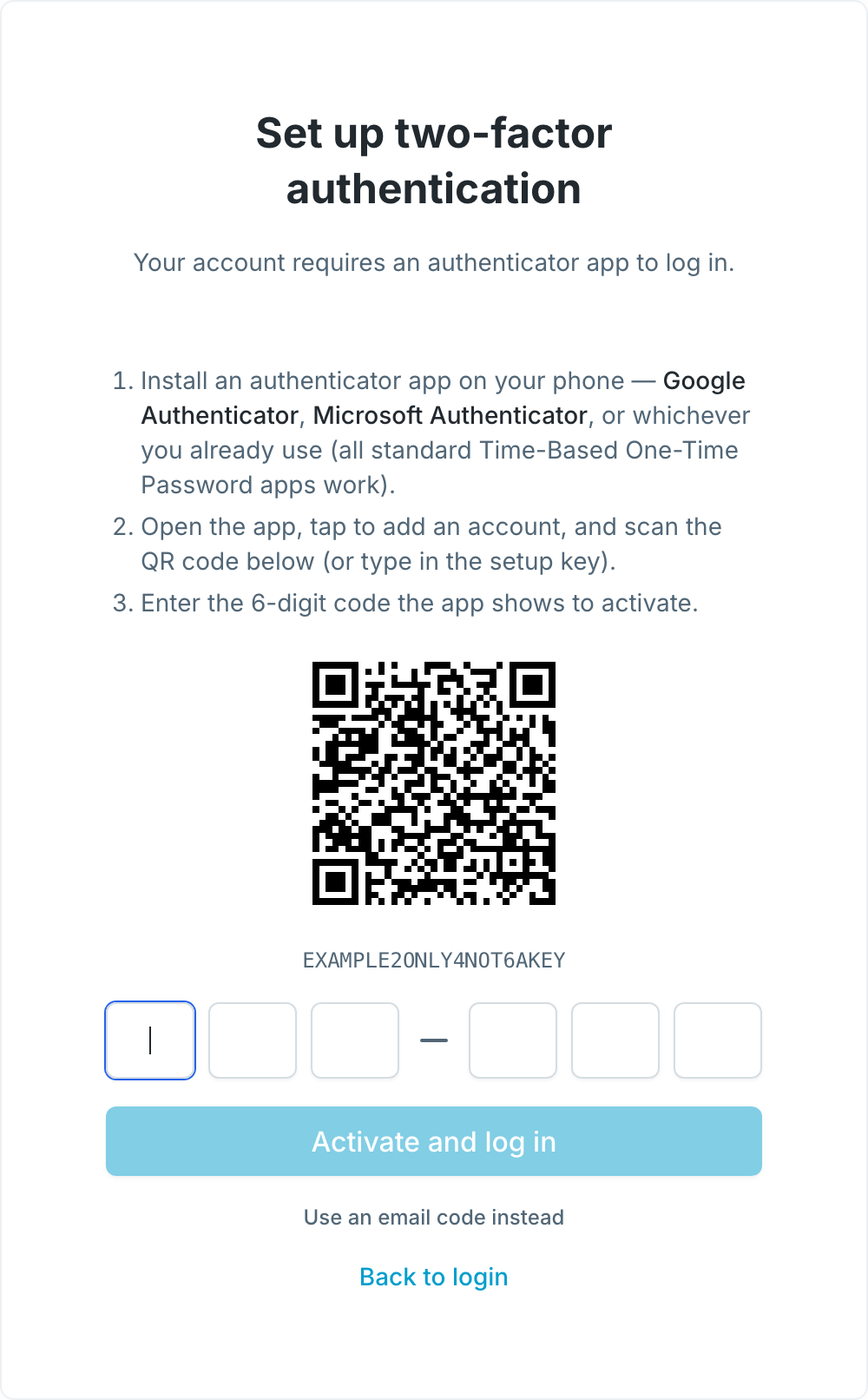 The setup screen: three numbered steps, a QR code, the setup key spelled out beneath it, the code boxes and an Activate and log in button.