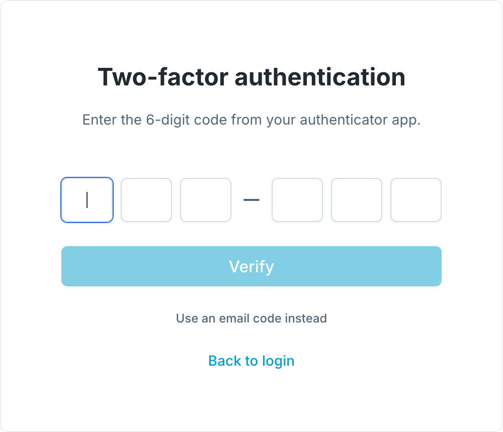 The two-factor screen for an authenticator app: six code boxes above a Verify button, with a link to use an email code instead.