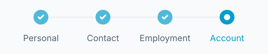 The four registration steps as dots: Personal, Contact, Employment and Account, with the first three checked off.