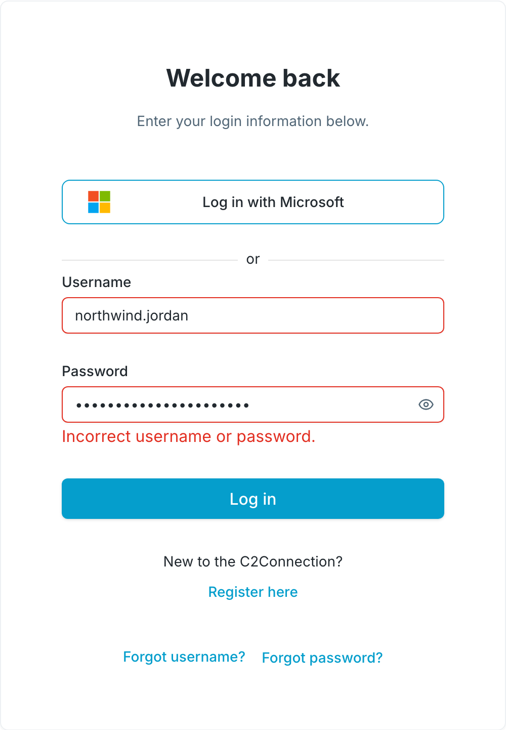 The sign-in card after a failed attempt: the username and password fields outlined in red, with "Incorrect username or password." directly beneath the password field.