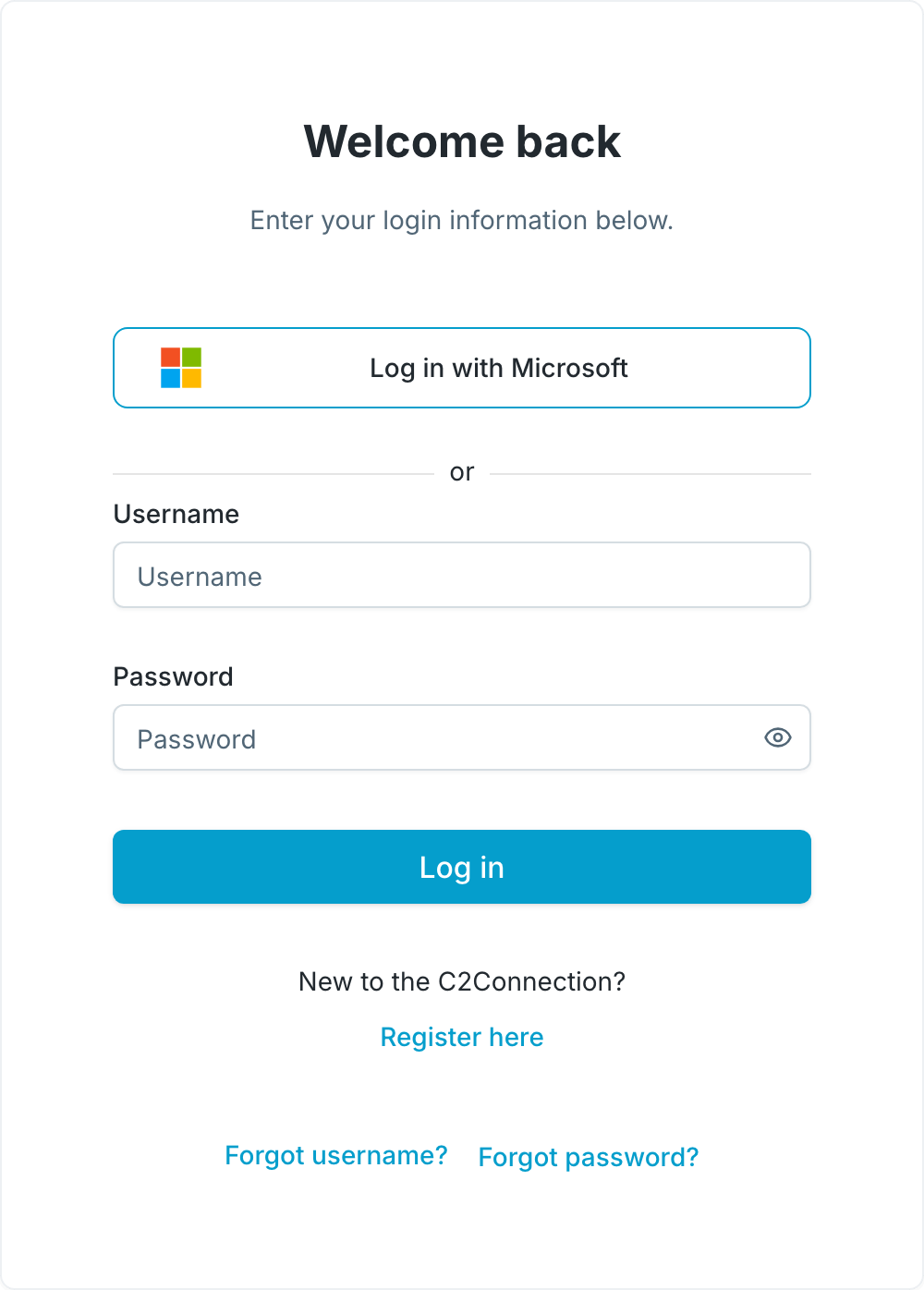 The sign-in card: a Log in with Microsoft button above the username and password fields, with Register here and the two "forgot" links below them.